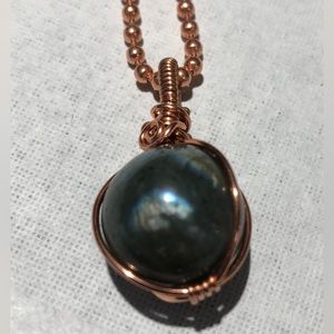 Handmade Solid Copper and Labradorite Sphere Wire Wrap Pendant and Bead Chain